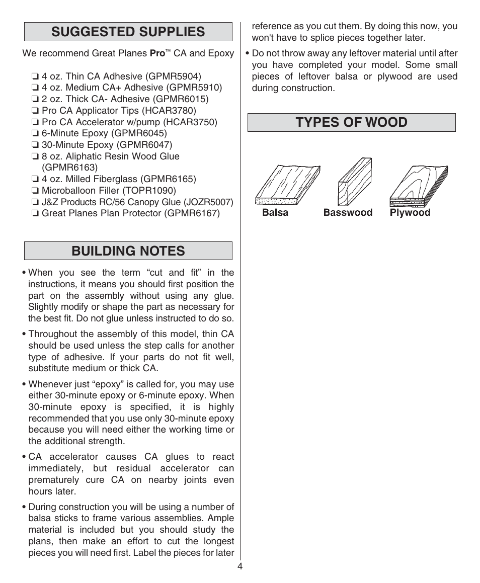 Suggested supplies, Types of wood | Dynaflite GPMA0510 Super Decathlon User Manual | Page 4 / 36