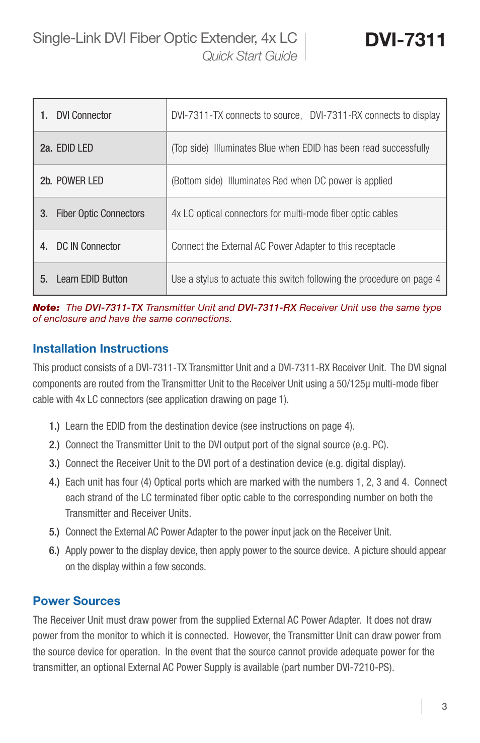 Dvi-7311, Single-link dvi fiber optic extender, 4x lc, Quick start guide | DVIGear DVI-7311 User Manual | Page 3 / 4