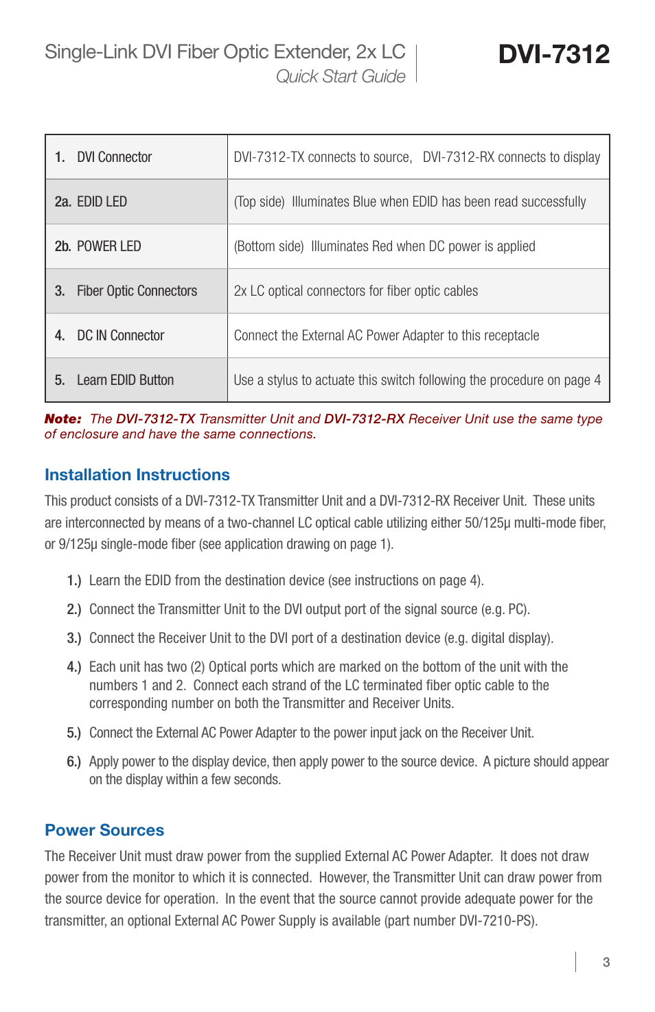 Dvi-7312, Single-link dvi fiber optic extender, 2x lc, Quick start guide | DVIGear DVI-7312 User Manual | Page 3 / 4