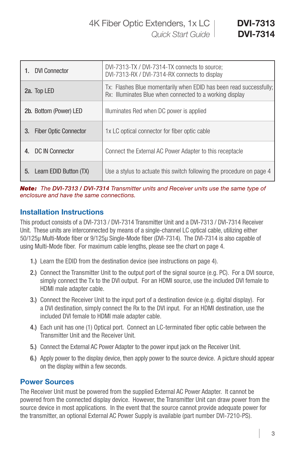 4k fiber optic extenders, 1x lc, Quick start guide | DVIGear DVI-7314 User Manual | Page 3 / 4