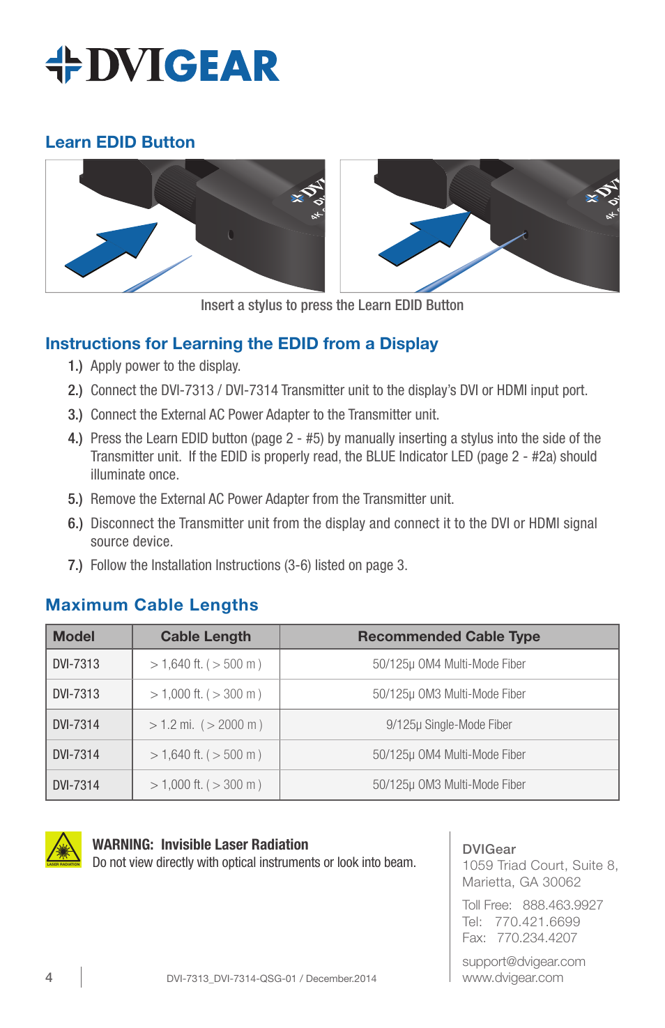 Instructions for learning the edid from a display, Learn edid button, Maximum cable lengths | DVIGear DVI-7314 User Manual | Page 4 / 4