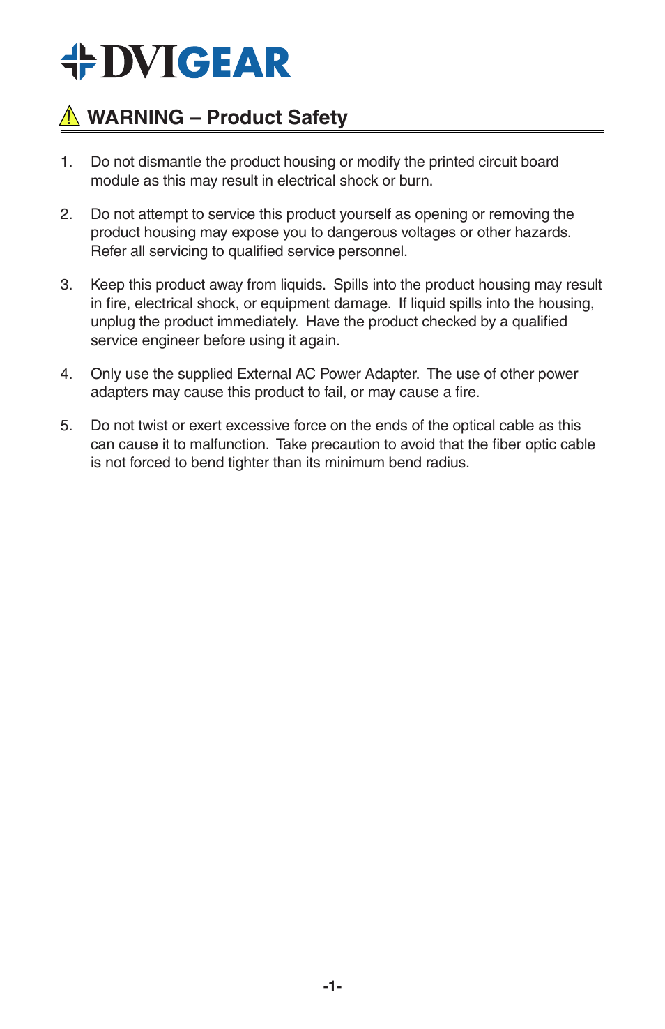 Warning – product safety | DVIGear DVI-7315 User Manual | Page 3 / 10