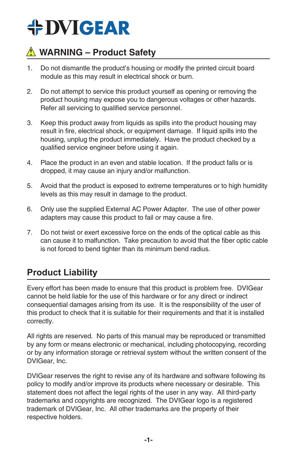 Warning – product safety, Product liability | DVIGear DVI-7320 User Manual | Page 3 / 10