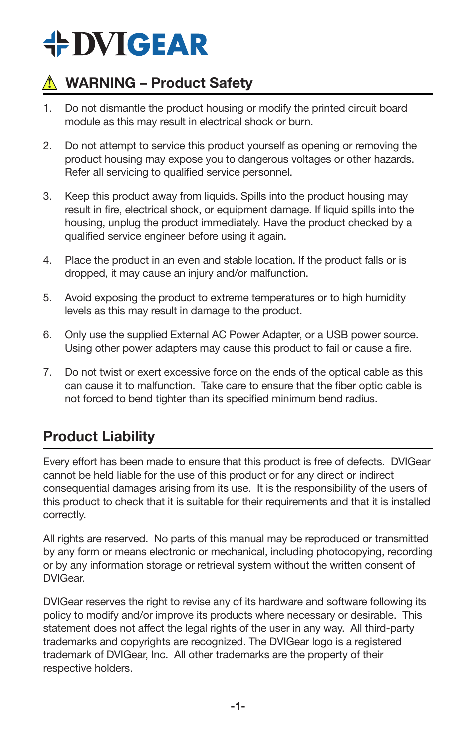 Warning – product safety, Product liability | DVIGear DVI-7330 User Manual | Page 3 / 10