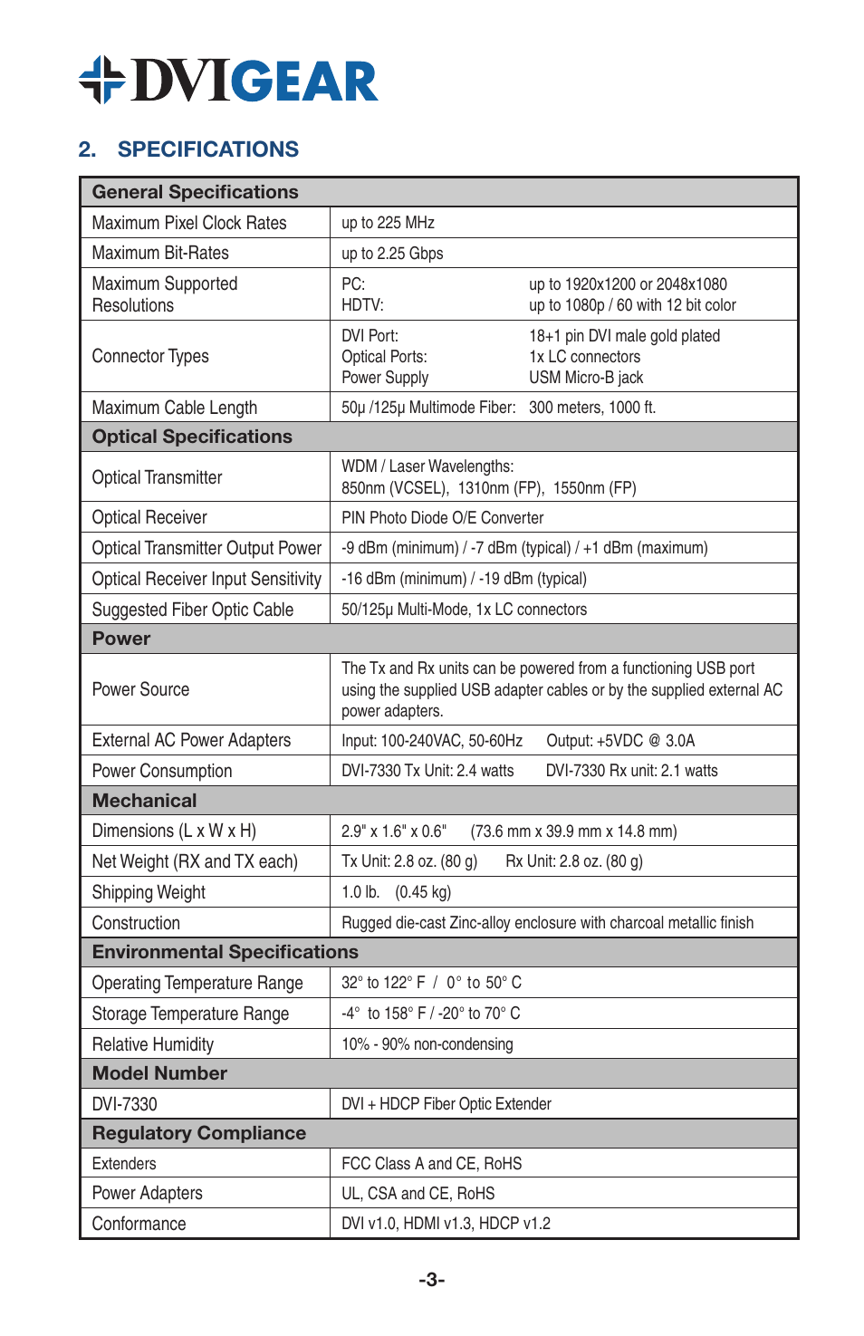 Specifications | DVIGear DVI-7330 User Manual | Page 5 / 10