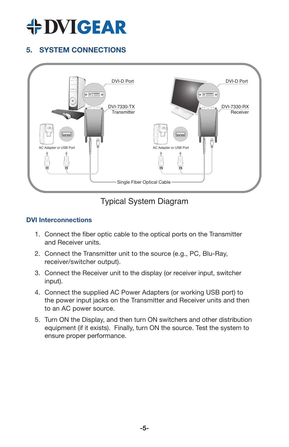 Typical system diagram, System connections | DVIGear DVI-7330 User Manual | Page 7 / 10