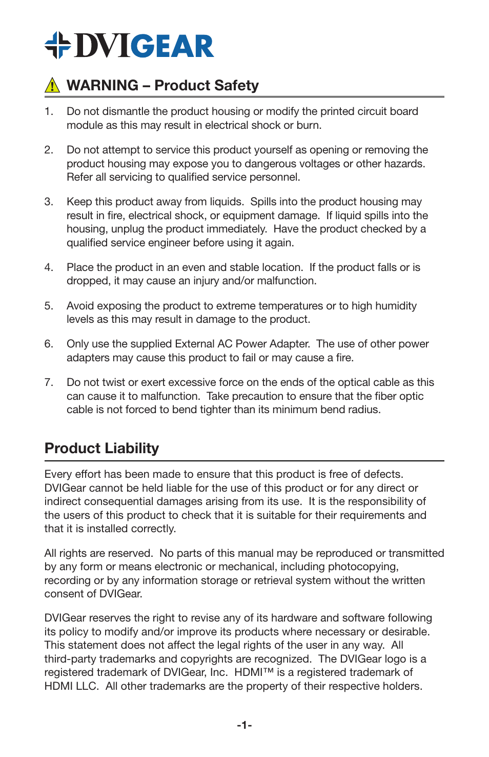 Warning – product safety, Product liability | DVIGear DVI-7360 User Manual | Page 3 / 10
