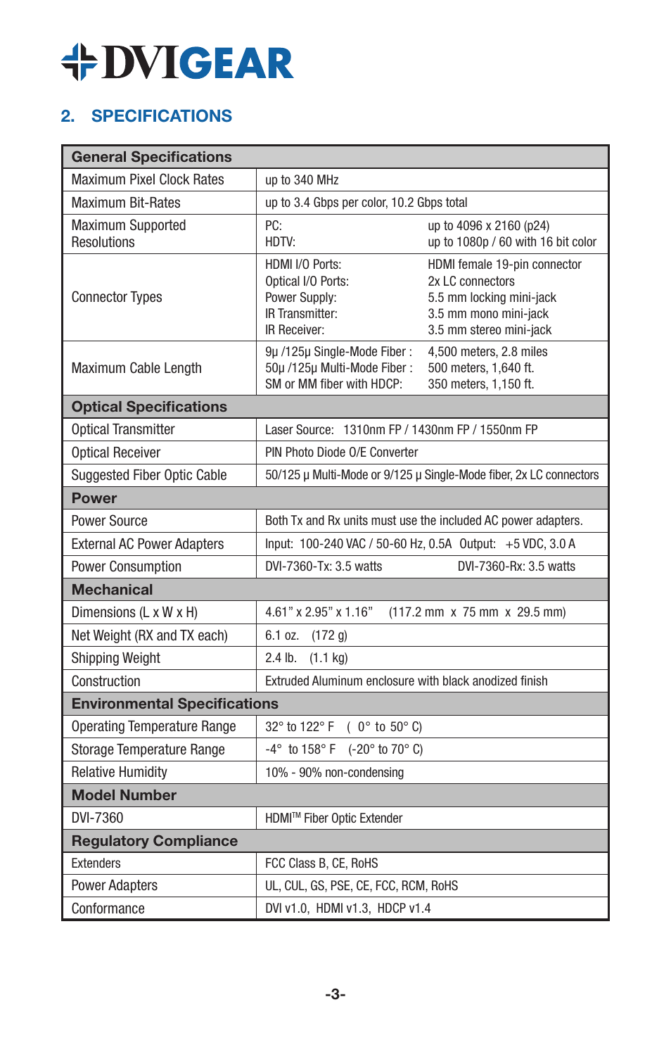 Specifications | DVIGear DVI-7360 User Manual | Page 5 / 10