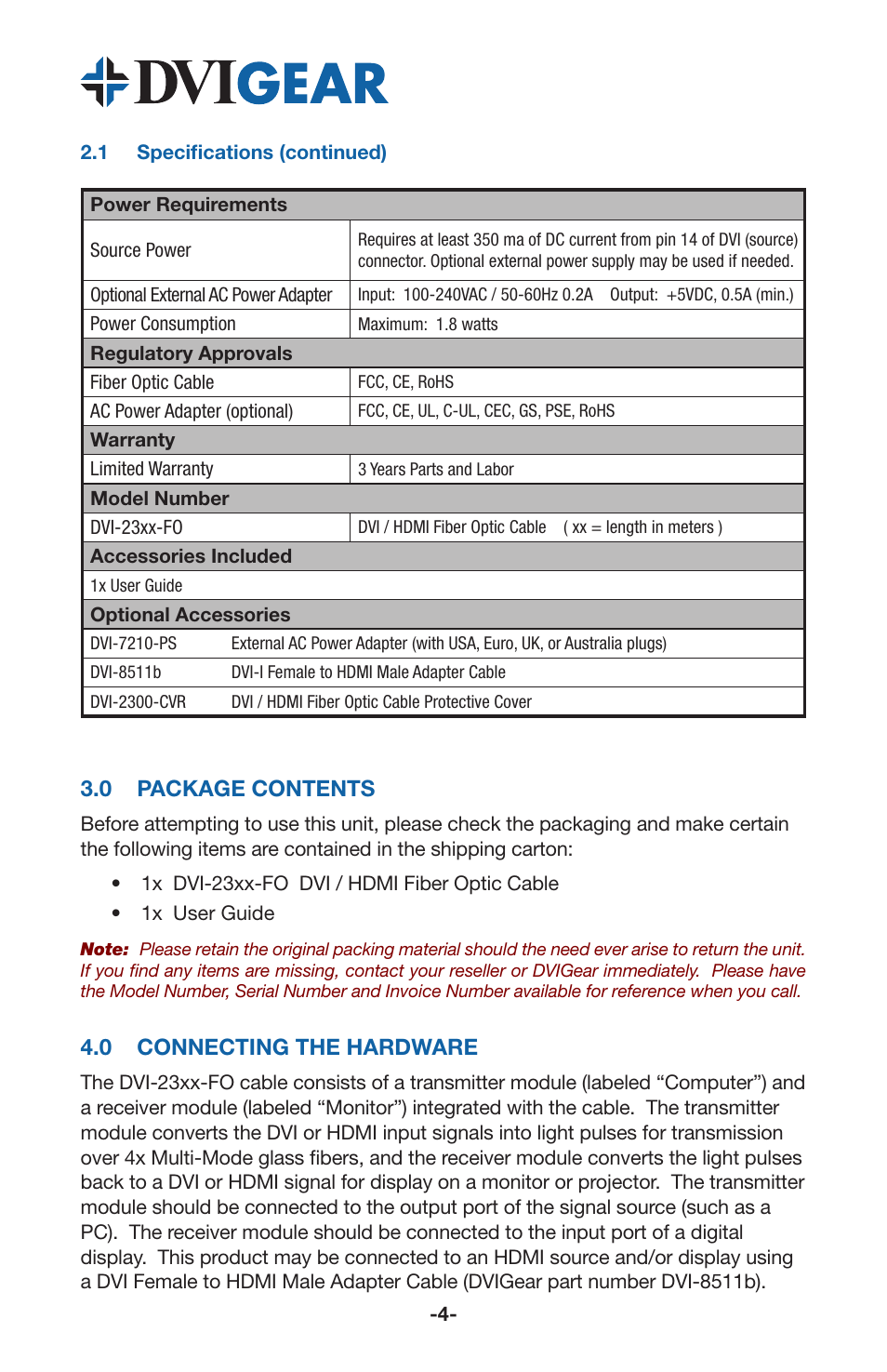 3 .0 package contents, 4 .0 connecting the hardware | DVIGear DVI-23xx-FO User Manual | Page 6 / 12