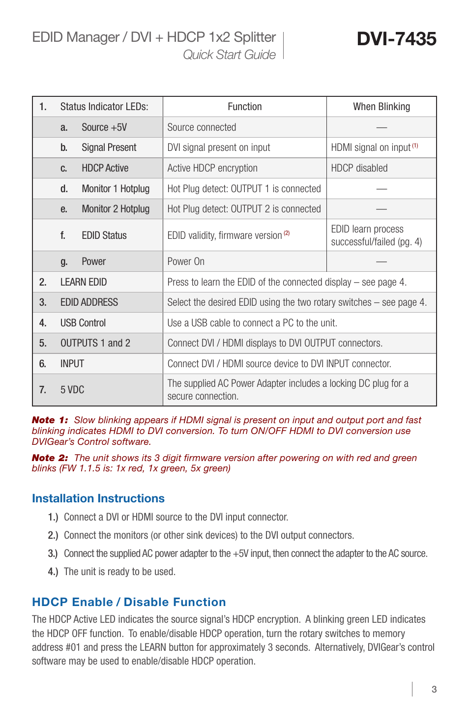 Dvi-7435, Edid manager / dvi + hdcp 1x2 splitter, Quick start guide | DVIGear DVI-7435 User Manual | Page 3 / 4