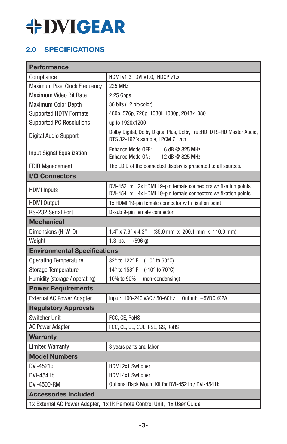 2 .0 specifications | DVIGear DVI-4541b User Manual | Page 5 / 12