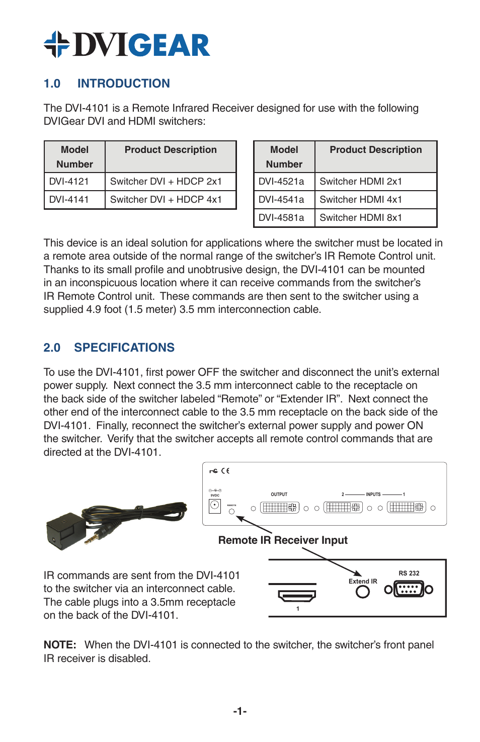 0 introduction, 0 specifications | DVIGear DVI-4101 User Manual | Page 2 / 4