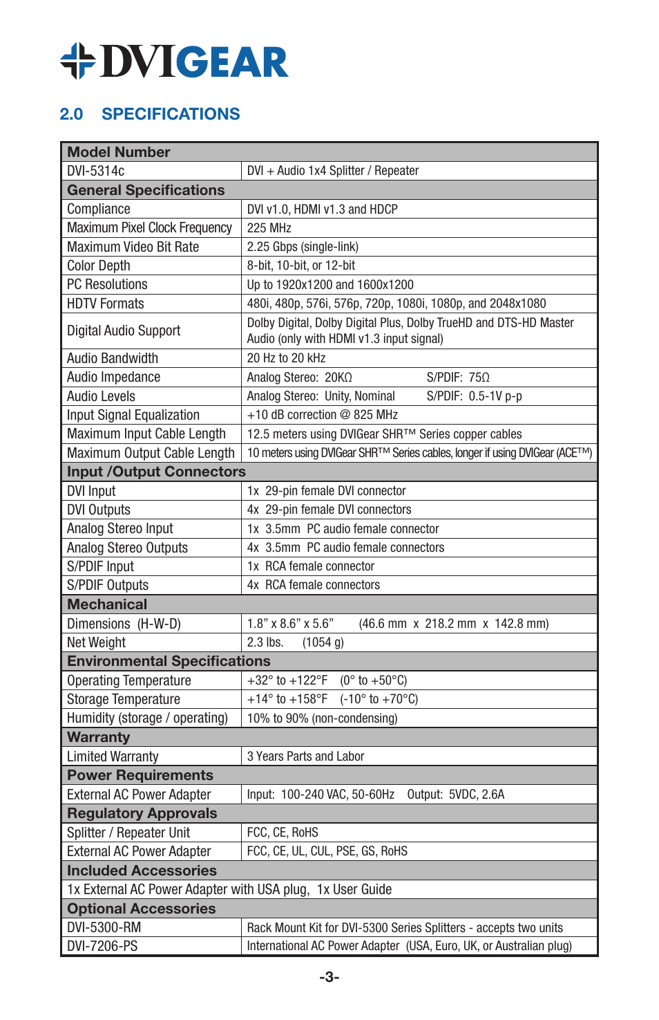 2 .0 specifications | DVIGear DVI-5314c User Manual | Page 5 / 12