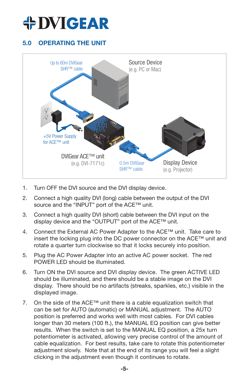 0 operating the unit, Source device, Dvigear ace™ unit | Display device, E.g. pc or mac), E.g. dvi-7171c), E.g. projector), 5v power supply for ace™ unit | DVIGear DVI-7171c User Manual | Page 7 / 10