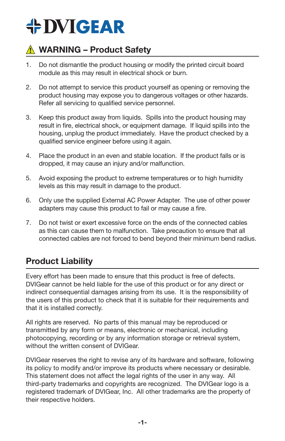 Warning – product safety, Product liability | DVIGear DVI-7176b User Manual | Page 3 / 10