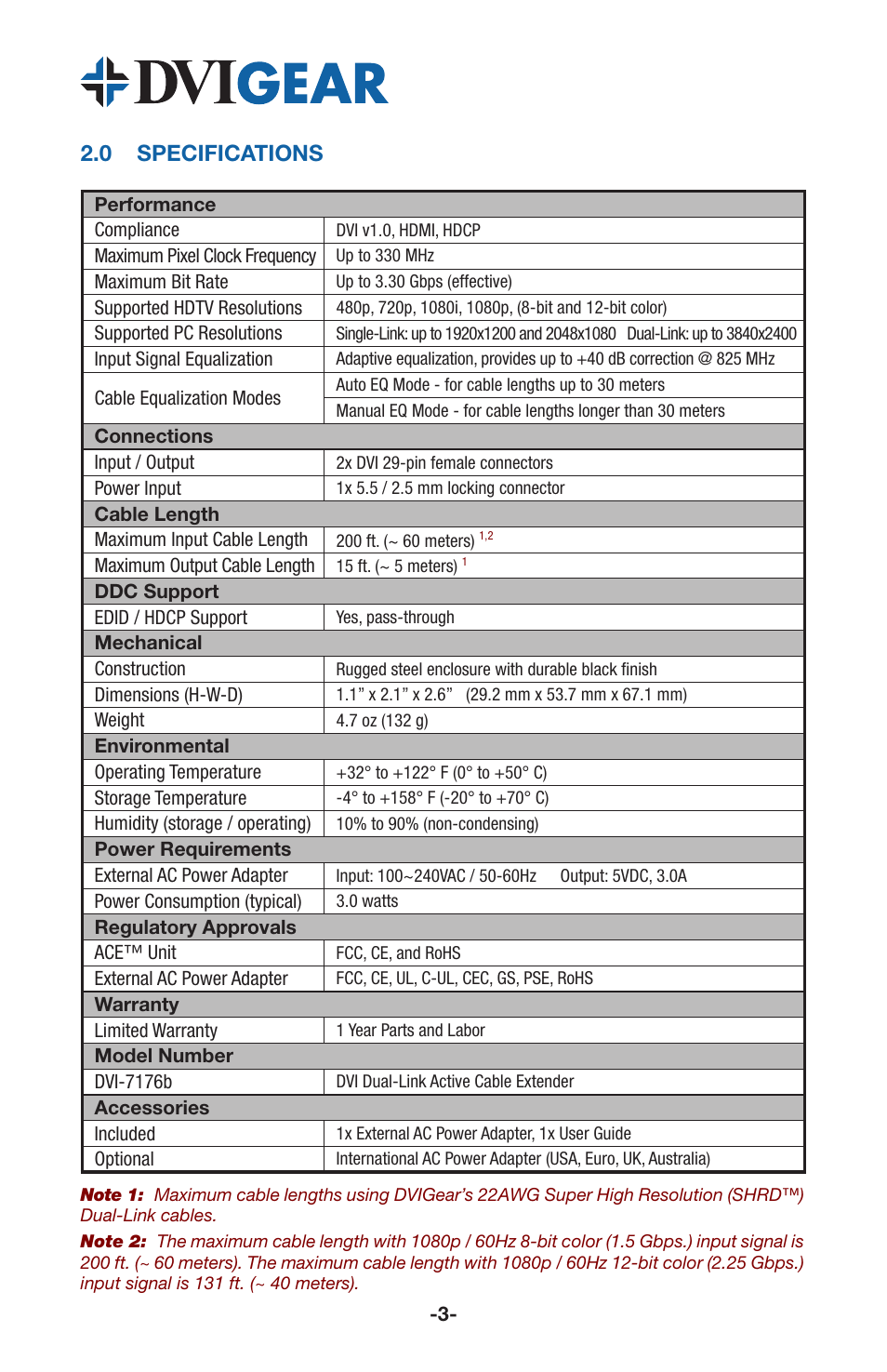 0 specifications | DVIGear DVI-7176b User Manual | Page 5 / 10