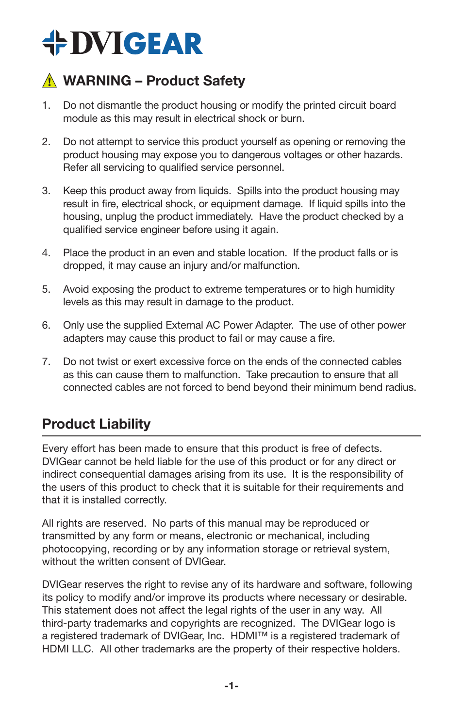 Warning – product safety, Product liability | DVIGear DVI-7370c User Manual | Page 3 / 10