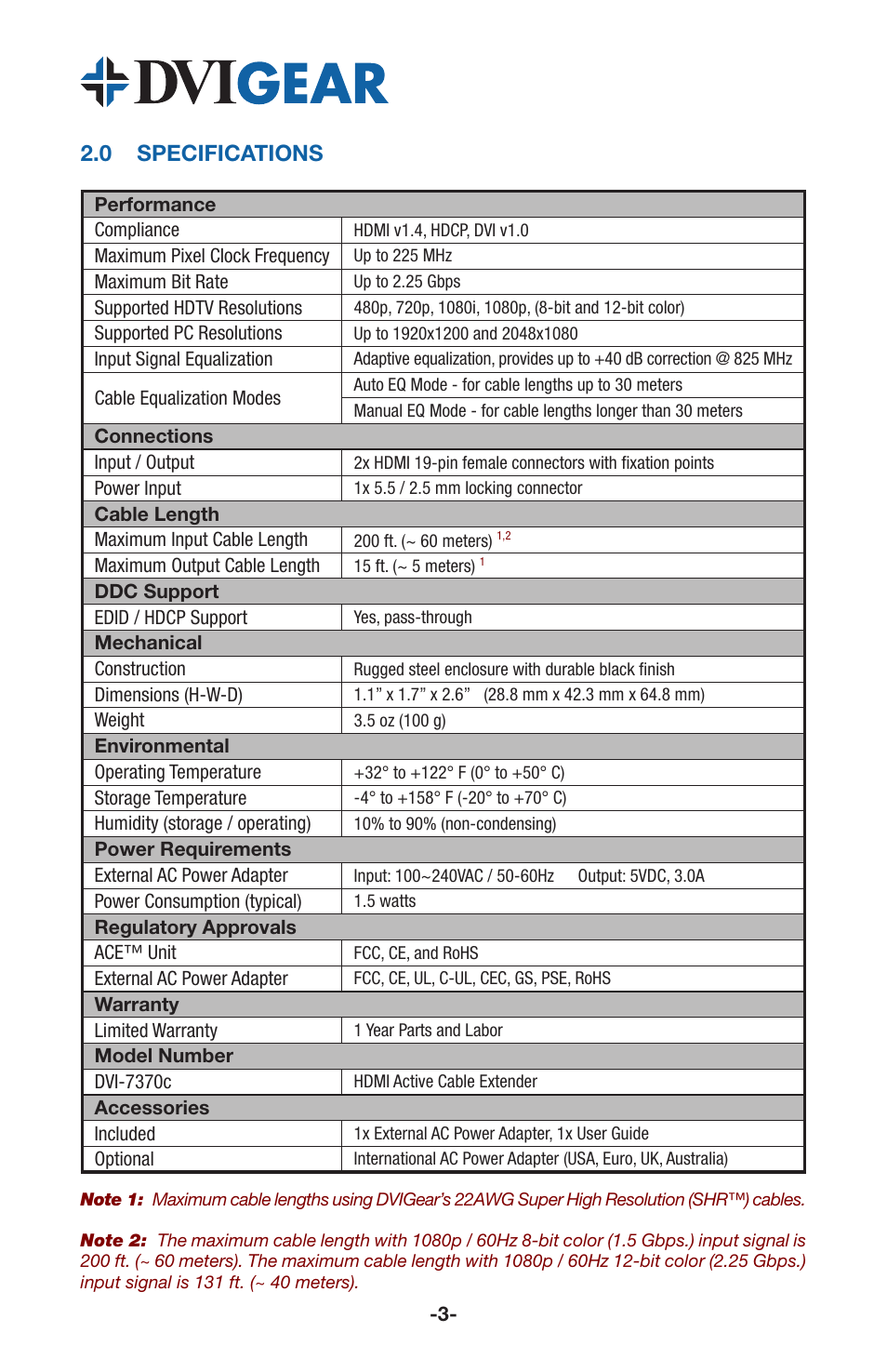 0 specifications | DVIGear DVI-7370c User Manual | Page 5 / 10
