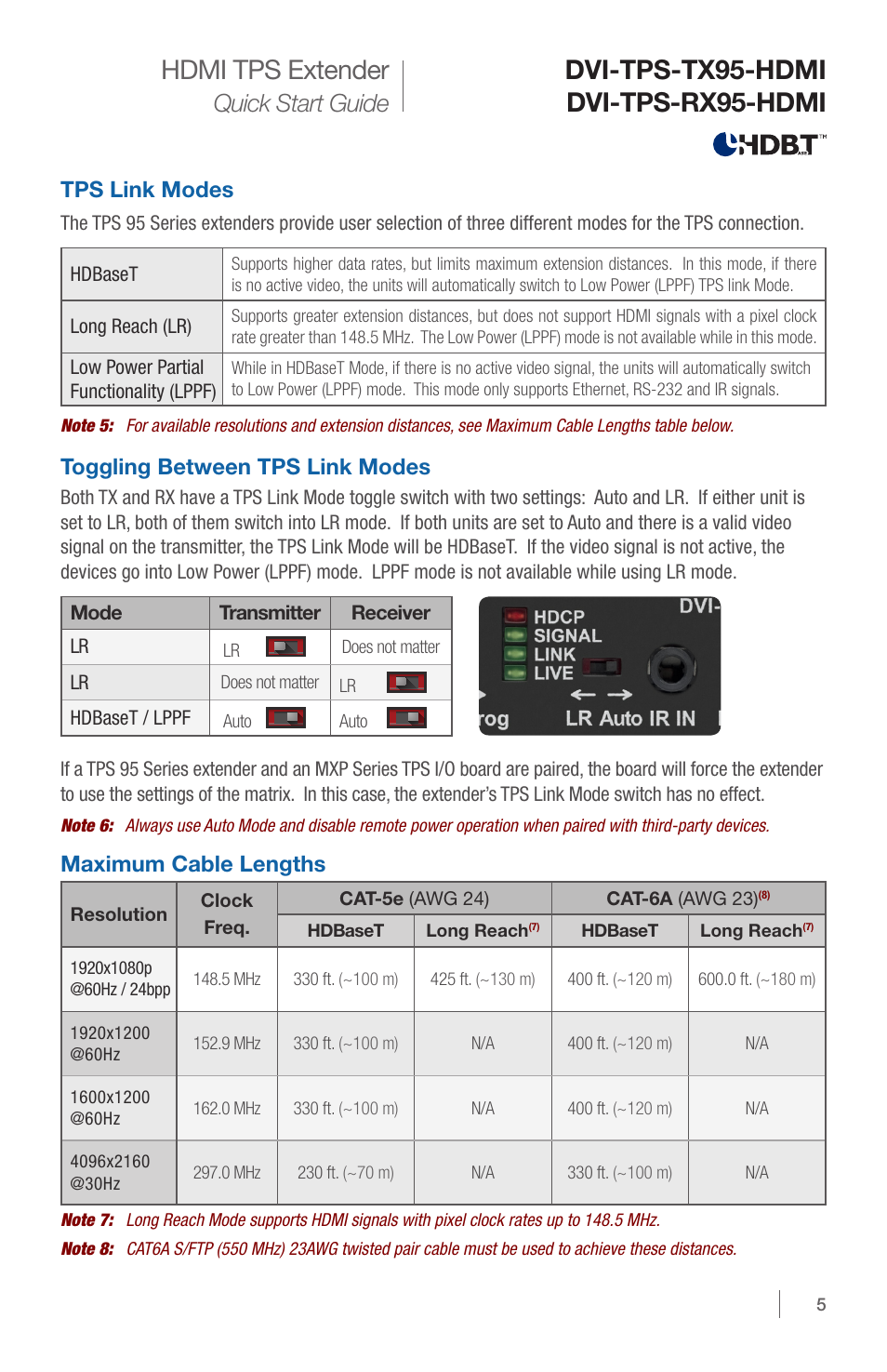 Quick start guide, Tps link modes, Toggling between tps link modes | Maximum cable lengths | DVIGear DVI-TPS-RX95-HDMI User Manual | Page 5 / 8