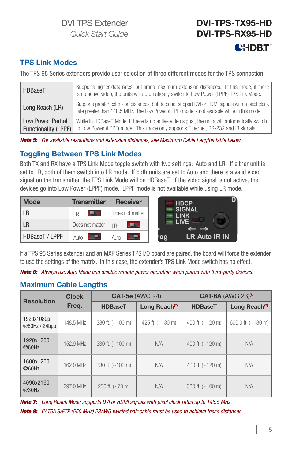 Dvi-tps-tx95-hd dvi-tps-rx95-hd dvi tps extender, Quick start guide, Tps link modes | Toggling between tps link modes, Maximum cable lengths | DVIGear DVI-TPS-RX95-HD User Manual | Page 5 / 8