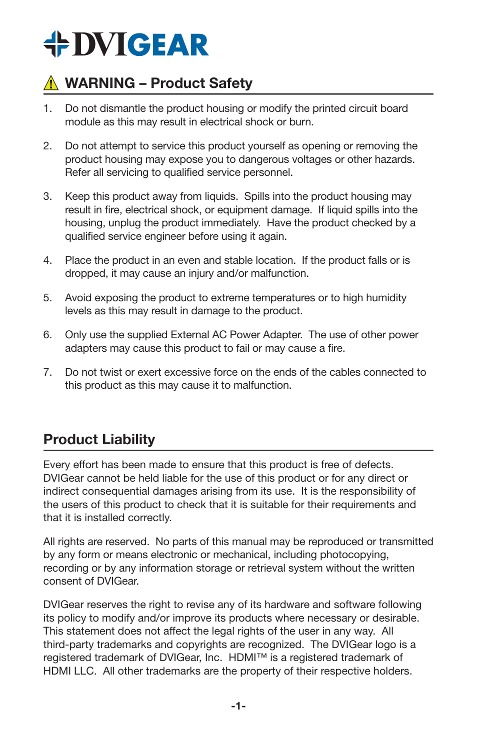 Warning – product safety, Product liability | DVIGear DVI-3551a User Manual | Page 3 / 19