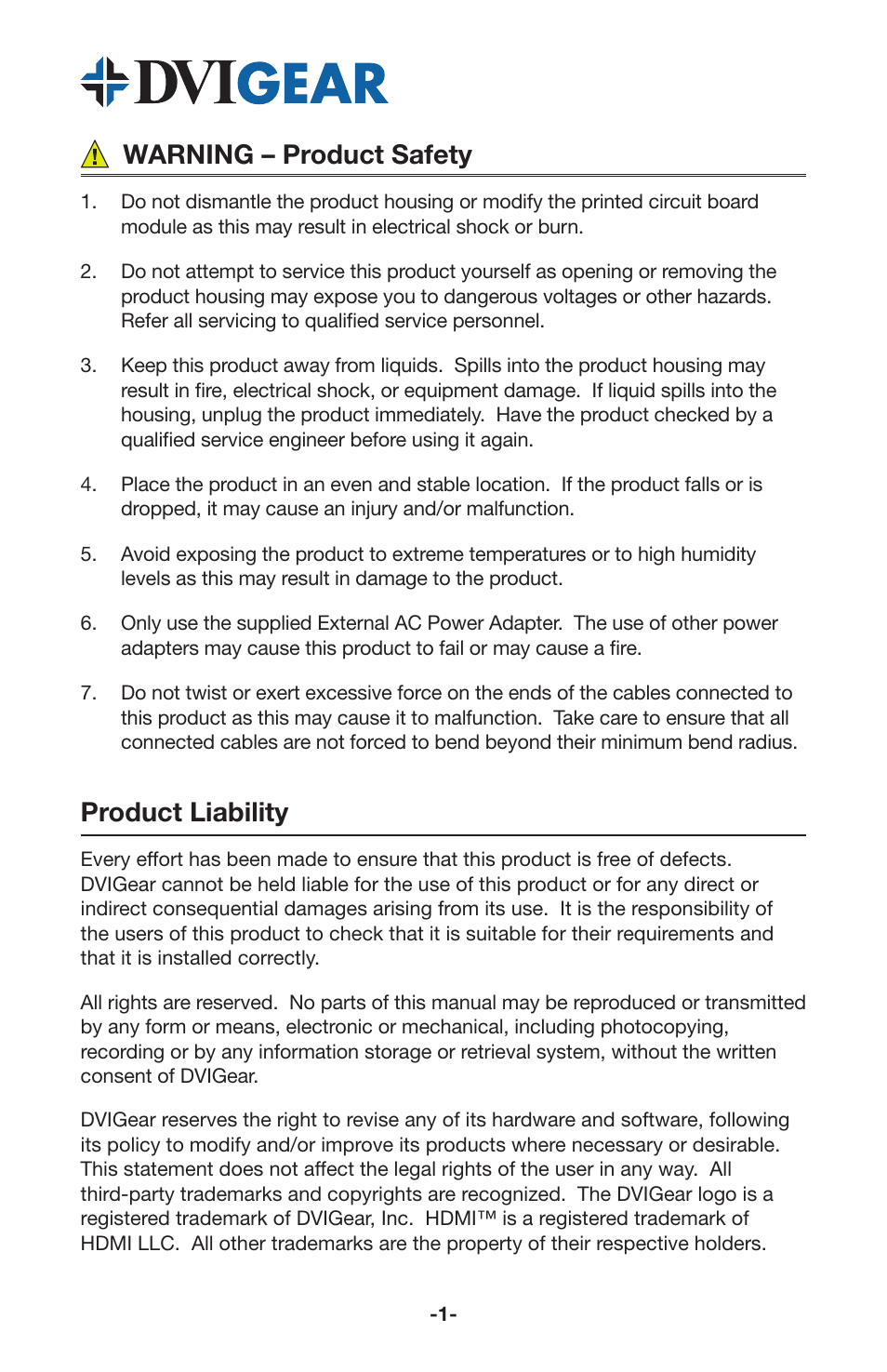 Warning – product safety, Product liability | DVIGear DVI-3331a User Manual | Page 3 / 15