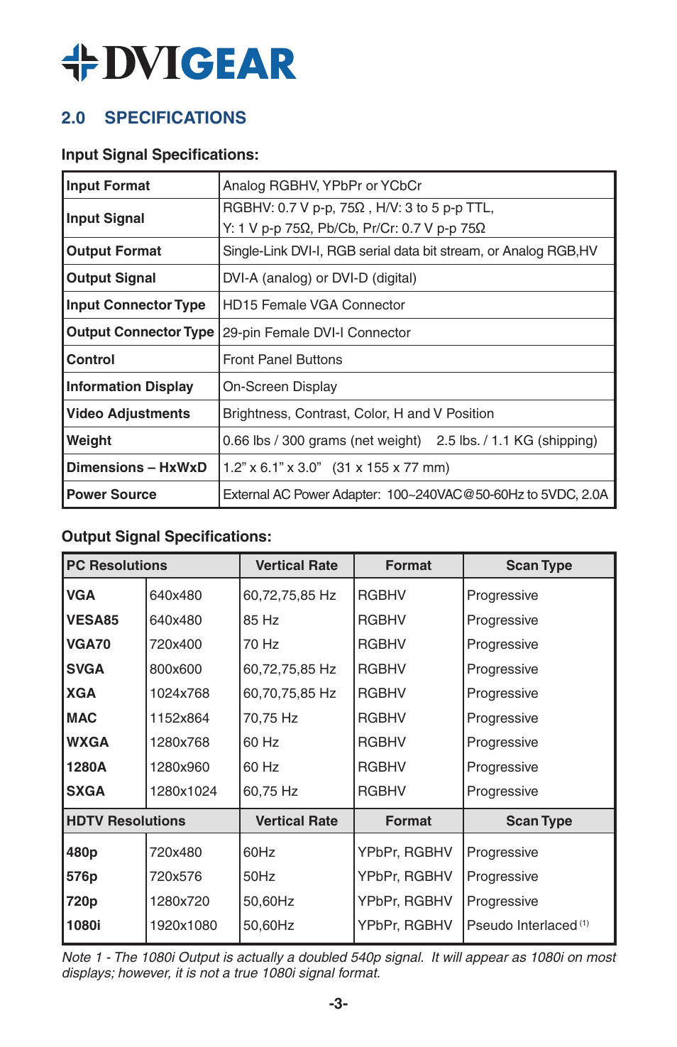 0 specifications | DVIGear DVI-3210a User Manual | Page 5 / 11