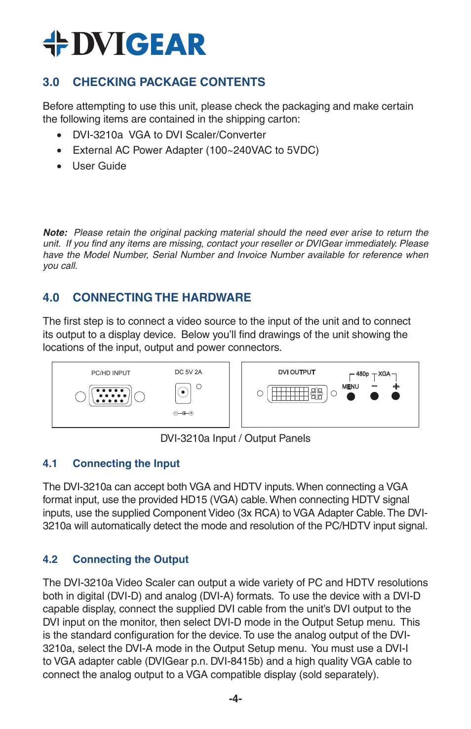 0 checking package contents, 0 connecting the hardware | DVIGear DVI-3210a User Manual | Page 6 / 11