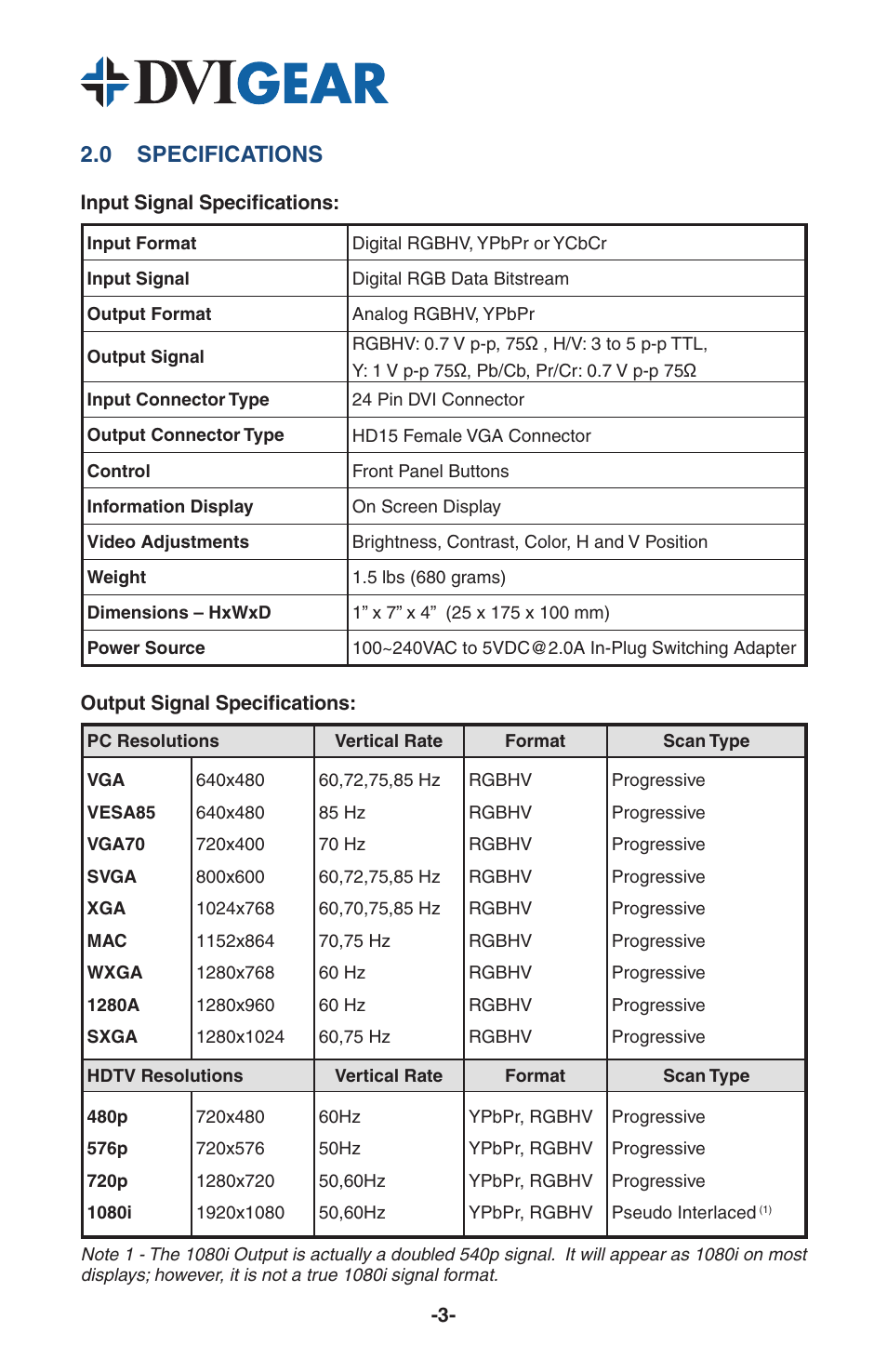 0 specifications | DVIGear DVI-3120a User Manual | Page 5 / 11