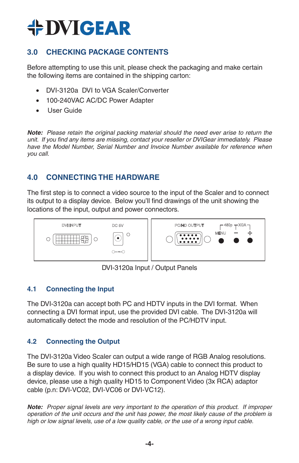 0 checking package contents, 0 connecting the hardware | DVIGear DVI-3120a User Manual | Page 6 / 11