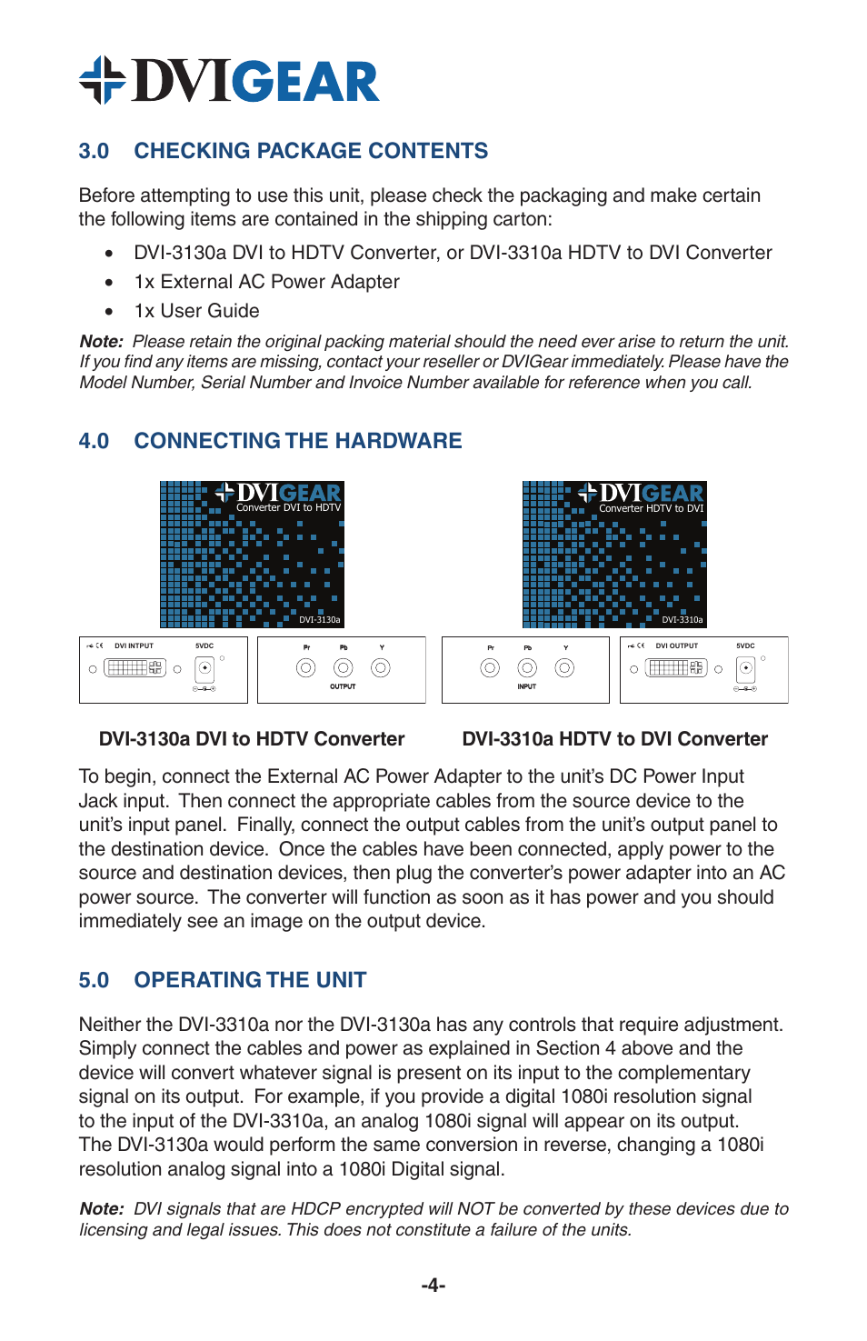 0 checking package contents, 0 connecting the hardware, 0 operating the unit | DVIGear DVI-3310a User Manual | Page 6 / 8