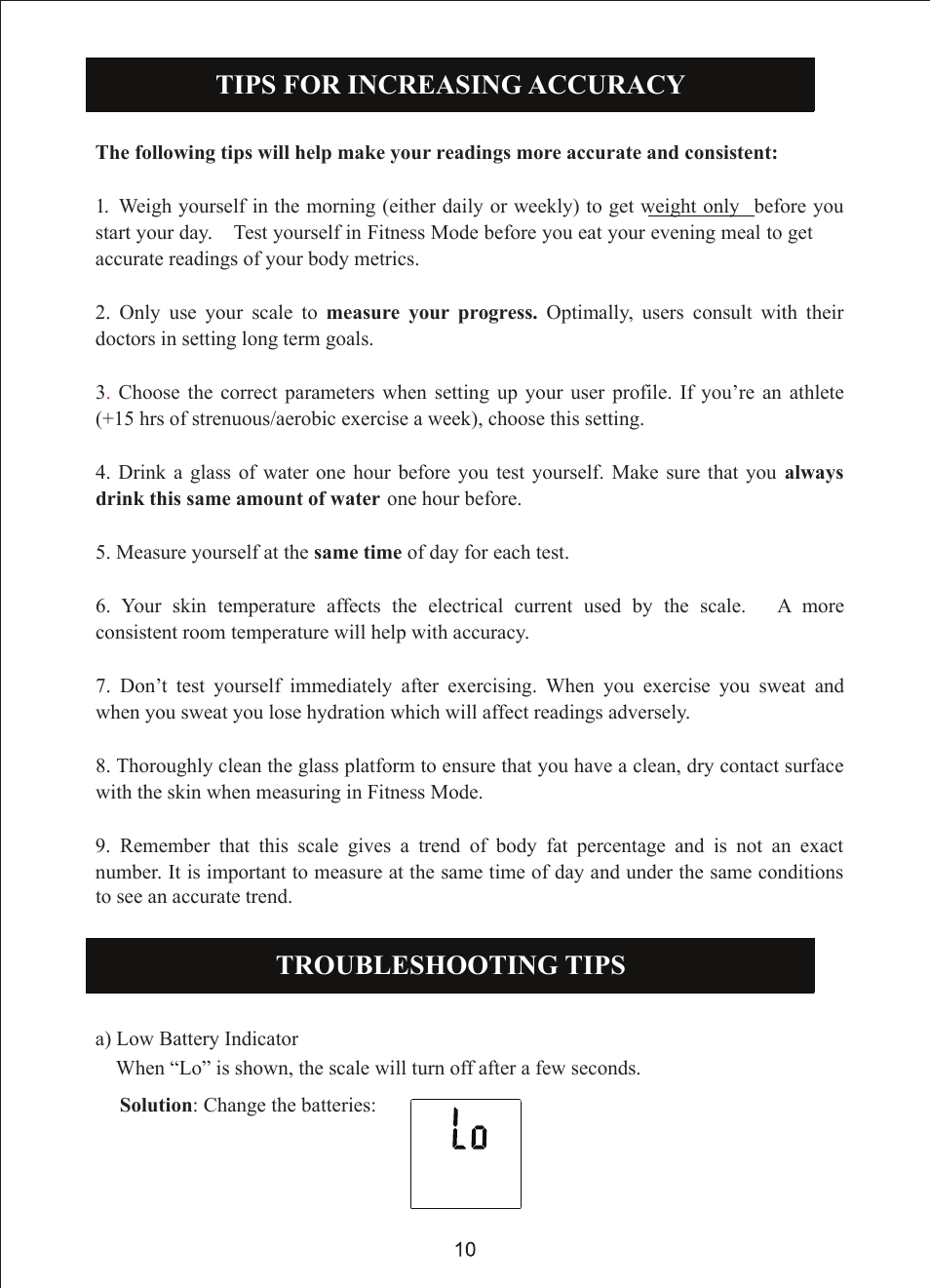 Tips for increasing accuracy, Troubleshooting tips | EatSmart ESBS-06 User Manual | Page 11 / 14