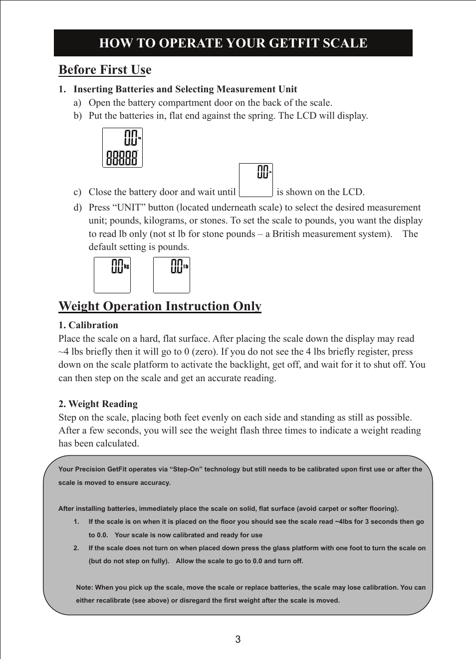 How to operate your getfit scale before first use, Weight operation instruction only | EatSmart ESBS-06 User Manual | Page 4 / 14