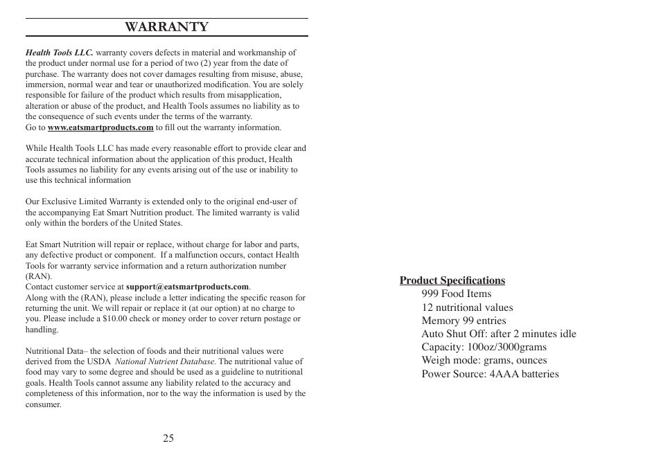 Warranty | EatSmart Nutrition Pro User Manual | Page 14 / 14