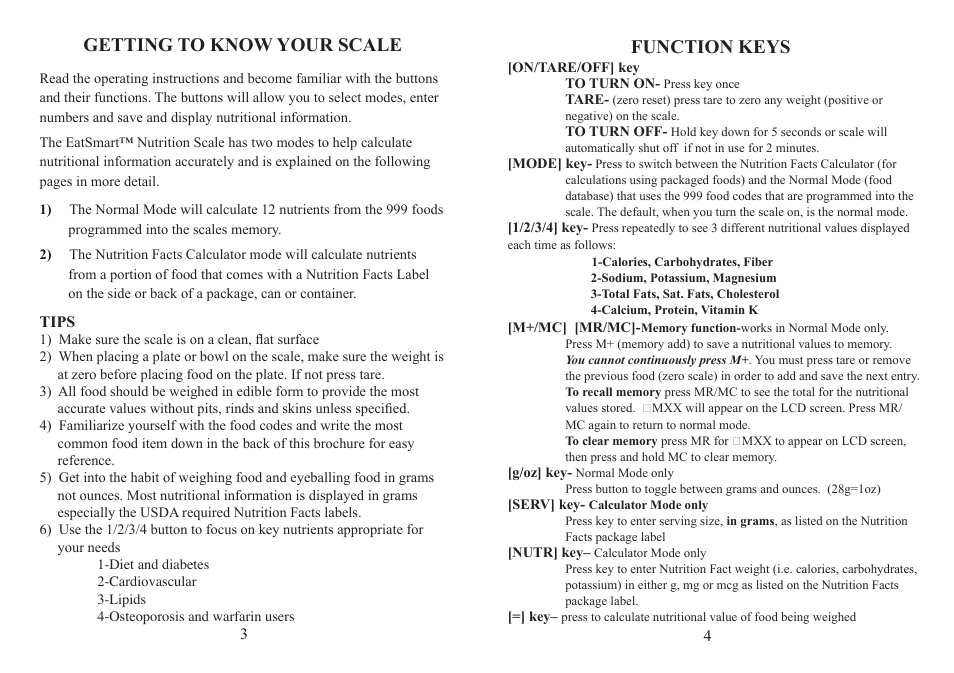 Getting to know your scale, Function keys | EatSmart Nutrition Pro User Manual | Page 3 / 14