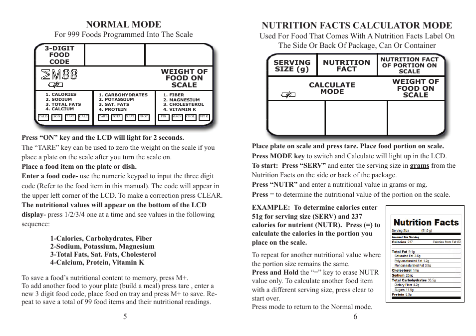 Normal mode, Nutrition facts calculator mode, For 999 foods programmed into the scale 6 | EatSmart Nutrition Pro User Manual | Page 4 / 14