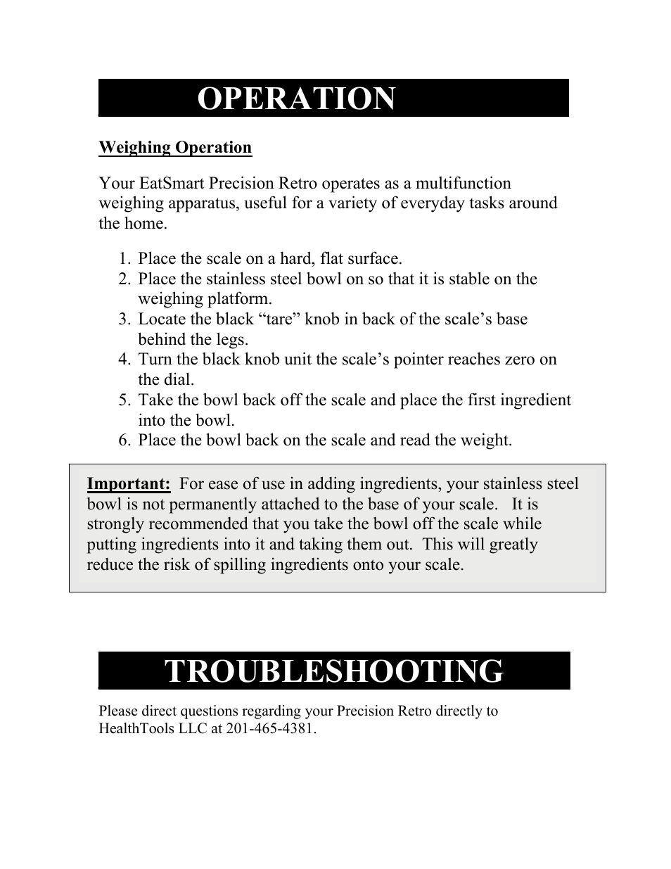 Operation, Troubleshooting | EatSmart Precision Retro User Manual | Page 4 / 6