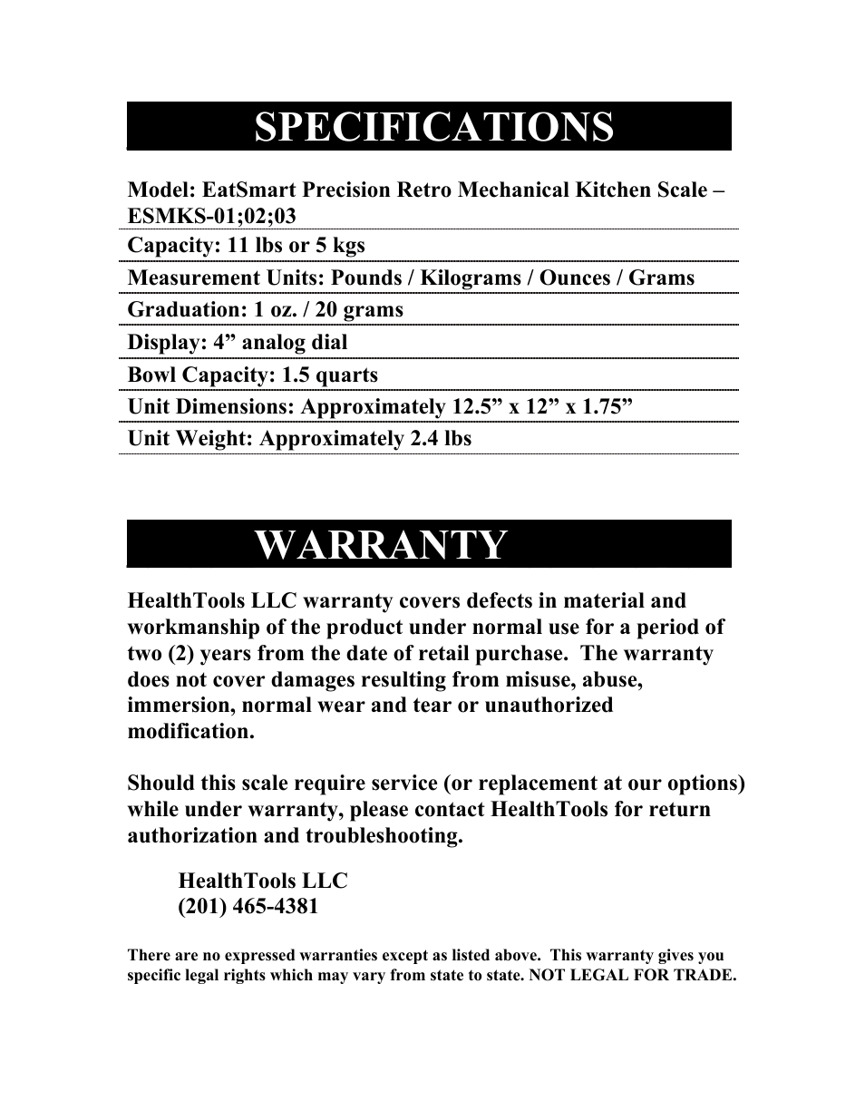 Specifications, Warranty | EatSmart Precision Retro User Manual | Page 5 / 6