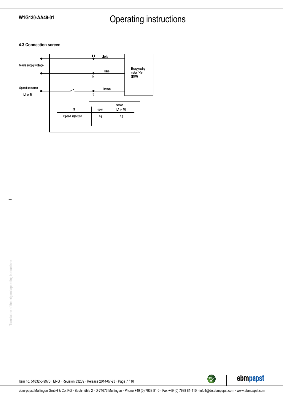 Operating instructions | ebm-papst W1G130-AA49-01 User Manual | Page 7 / 10