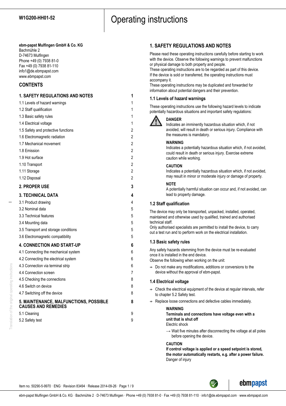 ebm-papst W1G200-HH01-52 User Manual | 9 pages