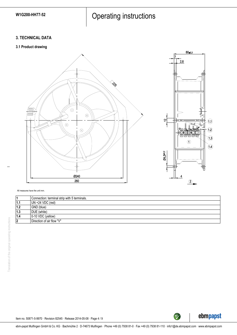 Operating instructions | ebm-papst W1G200-HH77-52 User Manual | Page 4 / 9