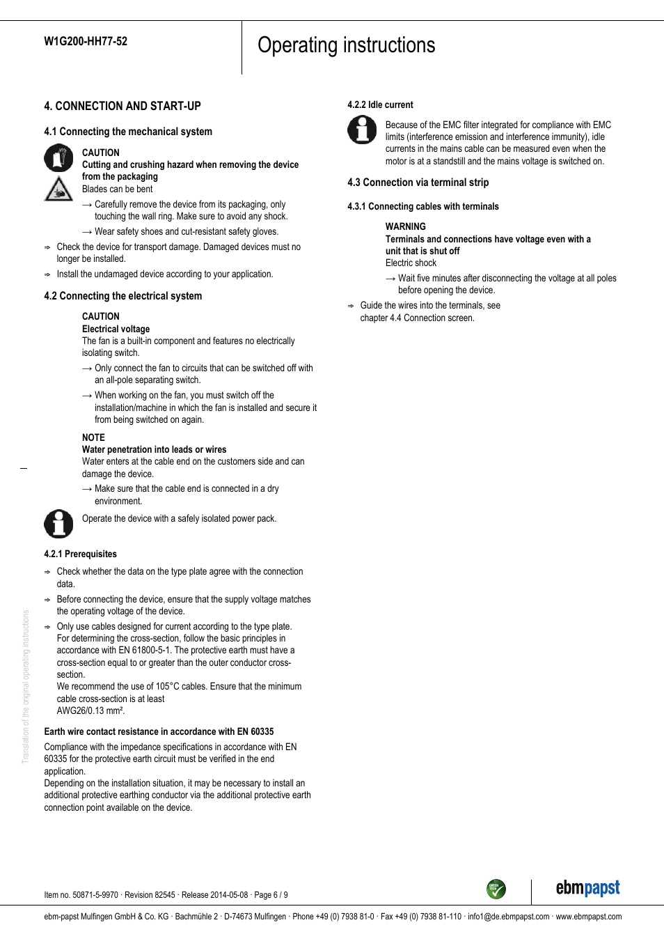 Operating instructions | ebm-papst W1G200-HH77-52 User Manual | Page 6 / 9