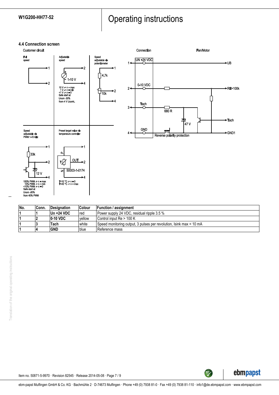 Operating instructions | ebm-papst W1G200-HH77-52 User Manual | Page 7 / 9