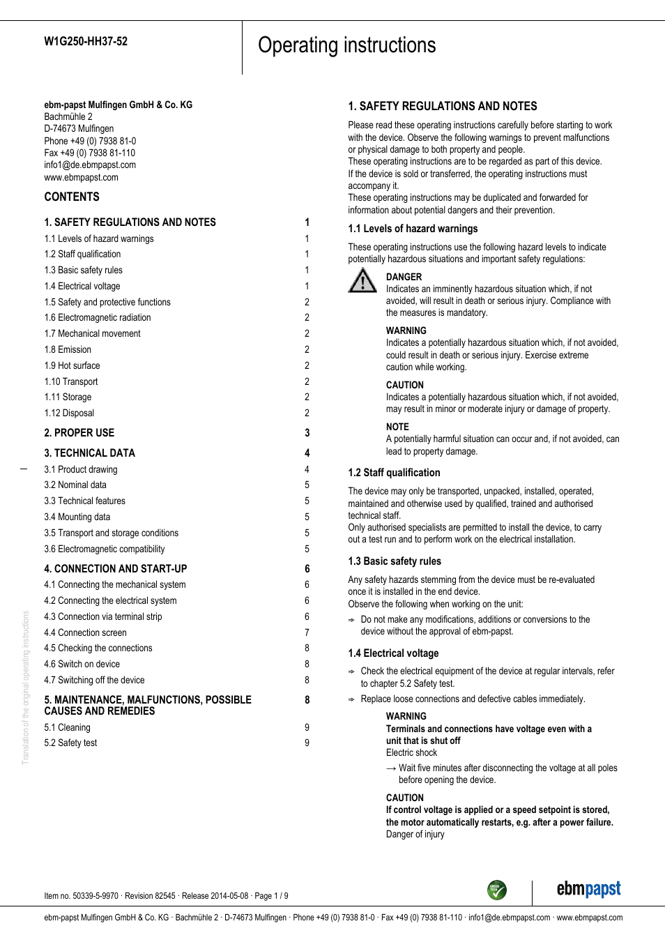 ebm-papst W1G250-HH37-52 User Manual | 9 pages