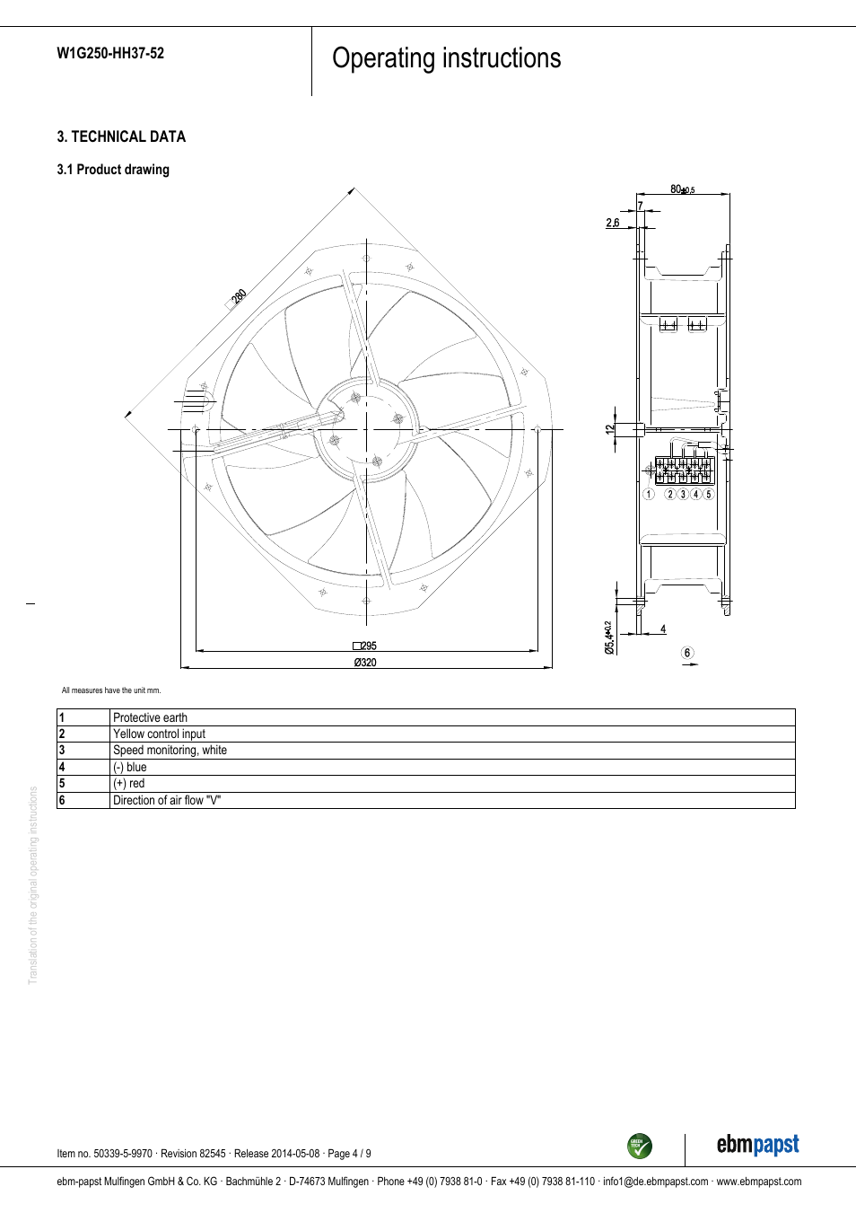 Operating instructions | ebm-papst W1G250-HH37-52 User Manual | Page 4 / 9