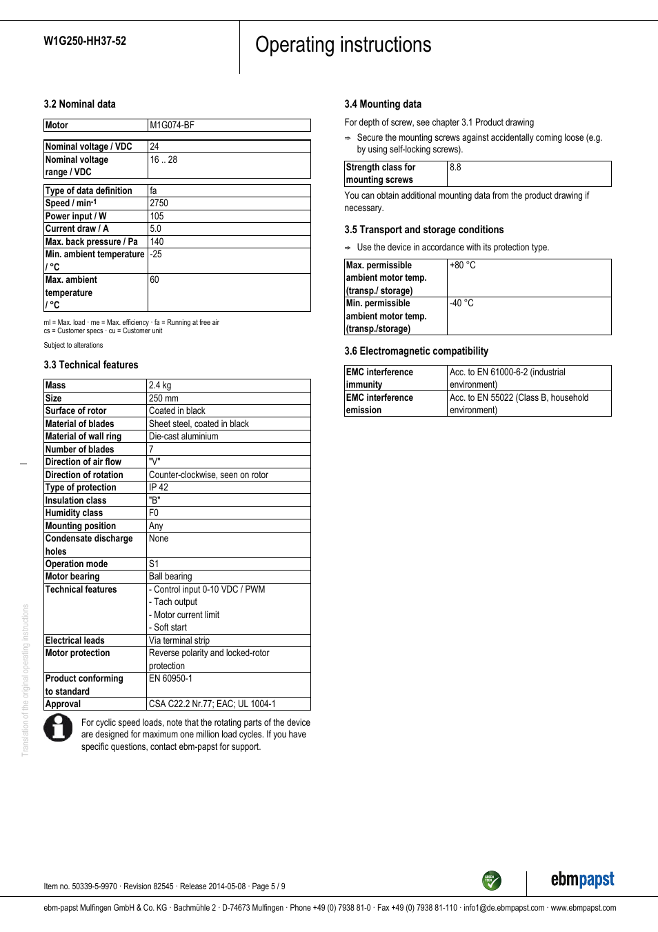 Operating instructions | ebm-papst W1G250-HH37-52 User Manual | Page 5 / 9
