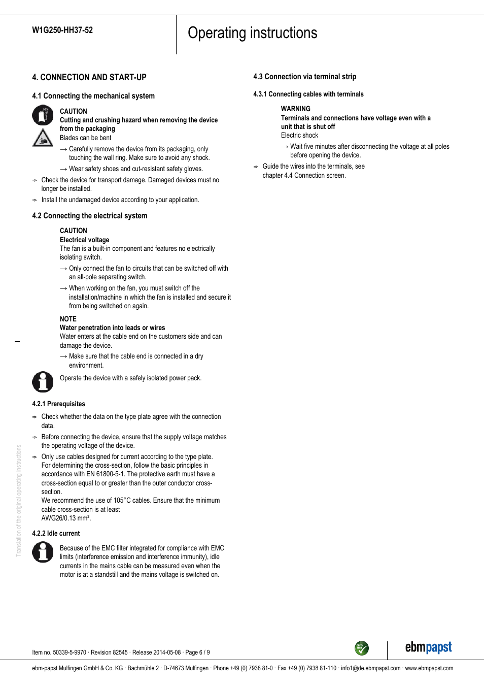 Operating instructions | ebm-papst W1G250-HH37-52 User Manual | Page 6 / 9