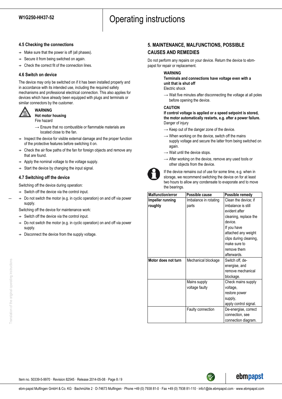 Operating instructions | ebm-papst W1G250-HH37-52 User Manual | Page 8 / 9