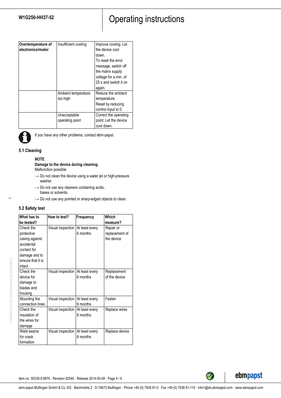 Operating instructions | ebm-papst W1G250-HH37-52 User Manual | Page 9 / 9