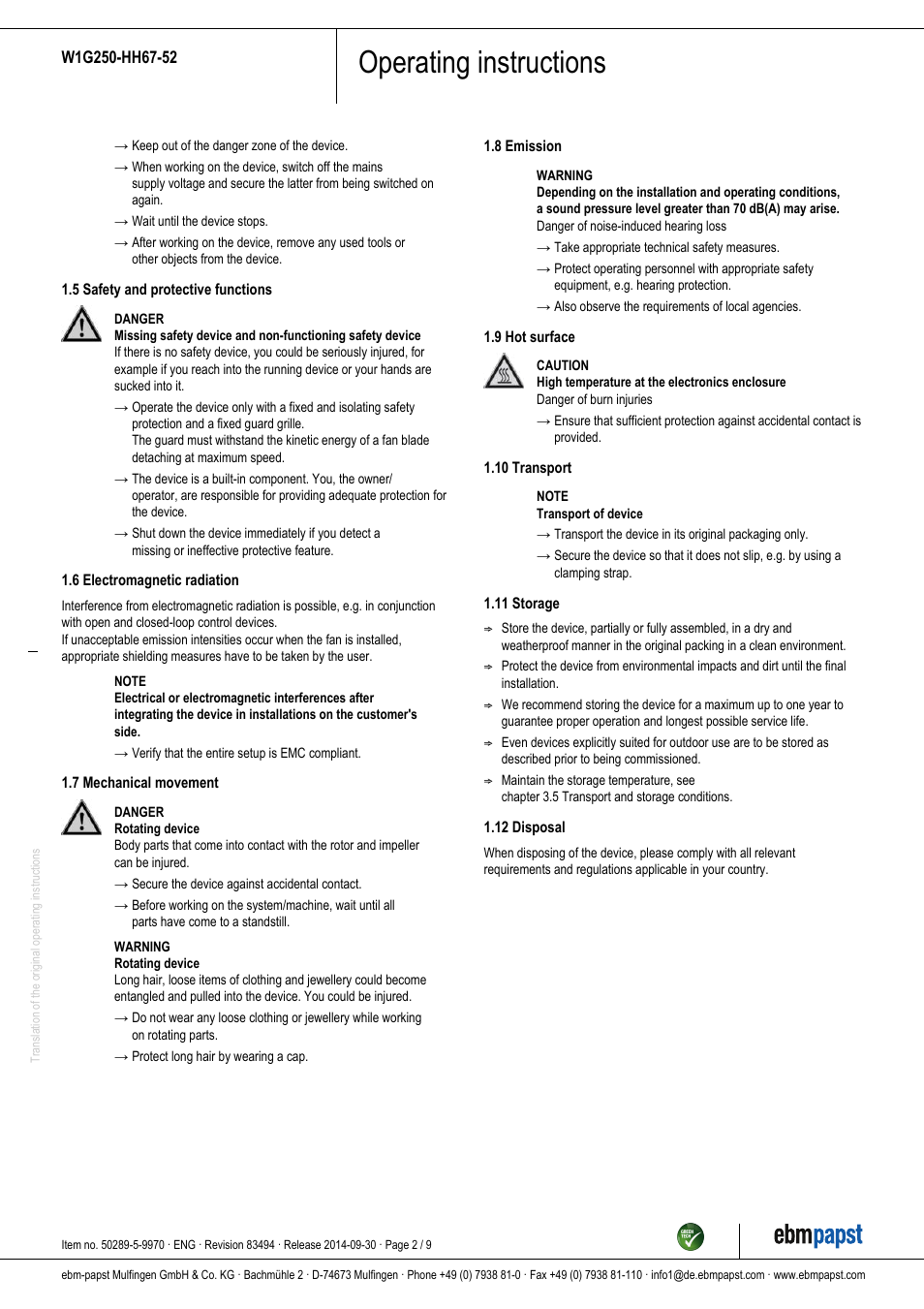 Operating instructions | ebm-papst W1G250-HH67-52 User Manual | Page 2 / 9